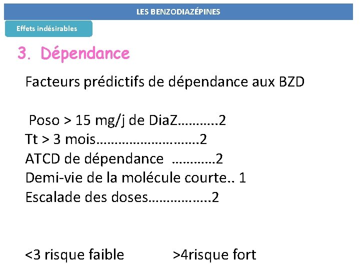 LES BENZODIAZÉPINES Effets indésirables 3. Dépendance Facteurs prédictifs de dépendance aux BZD Poso >