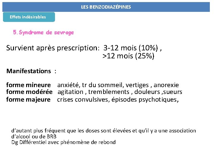 LES BENZODIAZÉPINES Effets indésirables 5. Syndrome de sevrage Survient après prescription: 3 -12 mois