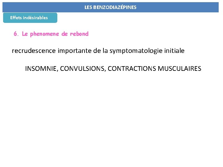 LES BENZODIAZÉPINES Effets indésirables 6. Le phenomene de rebond recrudescence importante de la symptomatologie