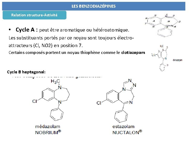 LES BENZODIAZÉPINES Relation structure-Activité • Cycle A : peut être aromatique ou hétéroatomique. Les