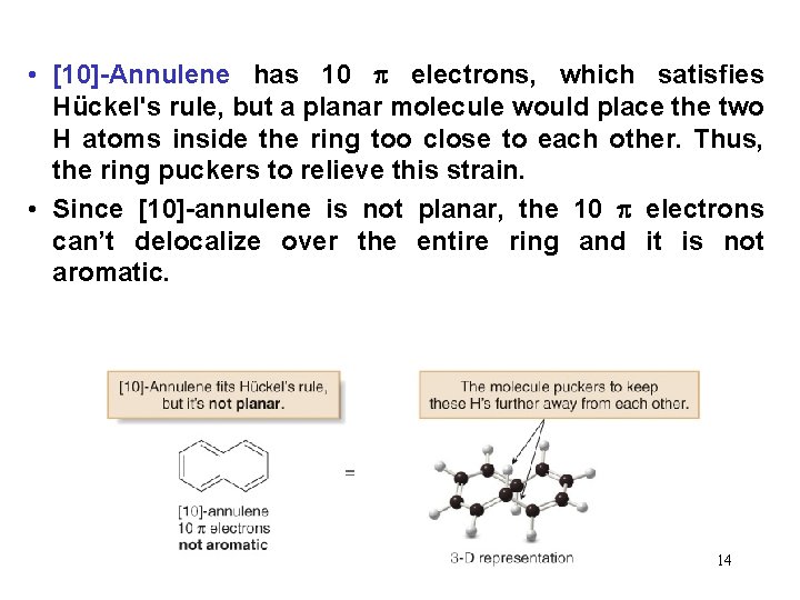  • [10]-Annulene has 10 electrons, which satisfies Hückel's rule, but a planar molecule