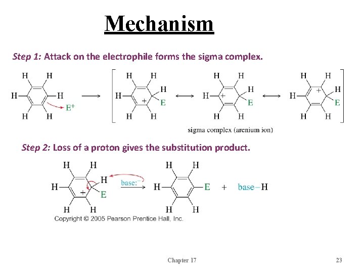 Mechanism Step 1: Attack on the electrophile forms the sigma complex. Step 2: Loss