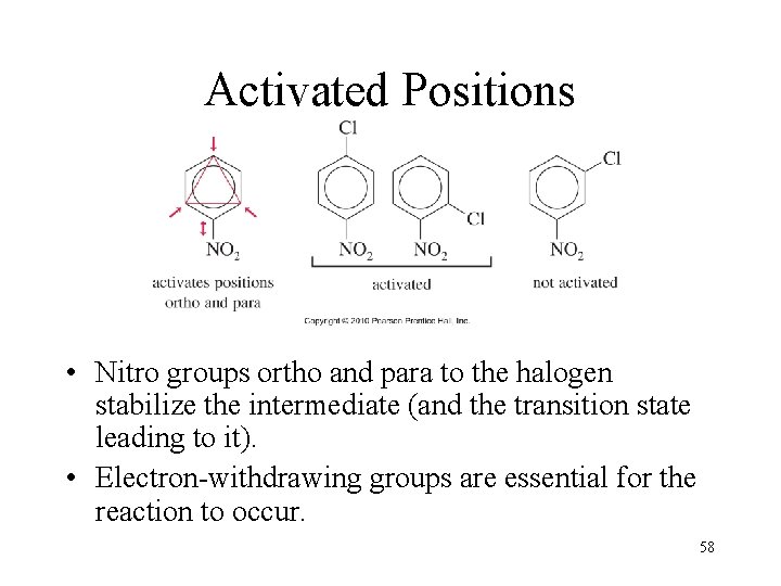 Activated Positions • Nitro groups ortho and para to the halogen stabilize the intermediate