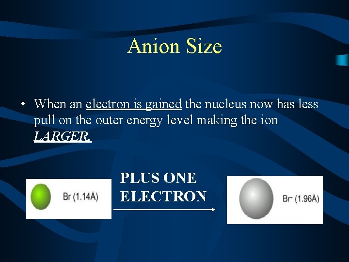 Anion Size • When an electron is gained the nucleus now has less pull