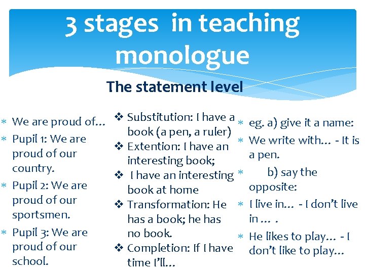 3 stages in teaching monologue The statement level We are proud of… Pupil 1: