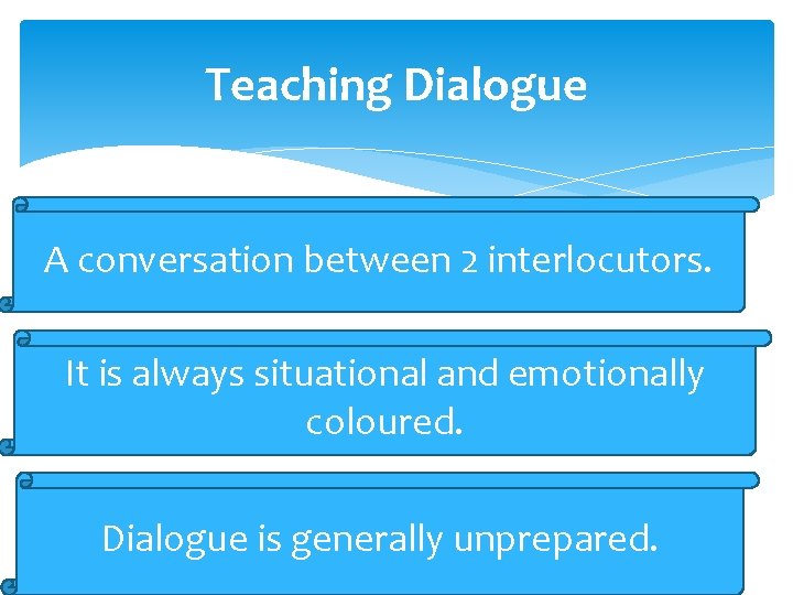 Teaching Dialogue A conversation between 2 interlocutors. It is always situational and emotionally coloured.