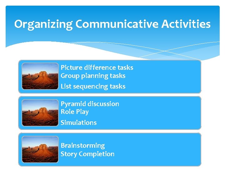 Organizing Communicative Activities Picture difference tasks Group planning tasks List sequencing tasks Pyramid discussion