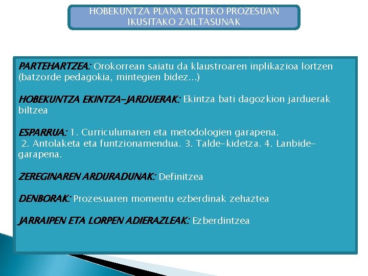 HOBEKUNTZA PLANA EGITEKO PROZESUAN IKUSITAKO ZAILTASUNAK PARTEHARTZEA: Orokorrean saiatu da klaustroaren inplikazioa lortzen (batzorde