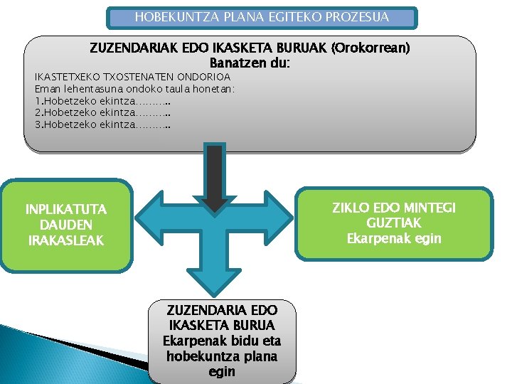 HOBEKUNTZA PLANA EGITEKO PROZESUA ZUZENDARIAK EDO IKASKETA BURUAK (Orokorrean) Banatzen du: IKASTETXEKO TXOSTENATEN ONDORIOA