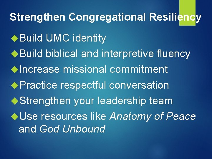 Strengthen Congregational Resiliency Build UMC identity Build biblical and interpretive fluency Increase missional commitment