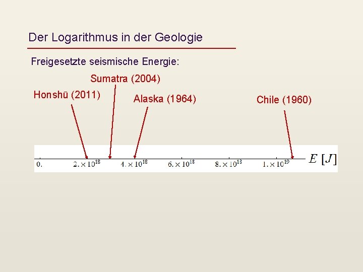 Der Logarithmus in der Geologie Freigesetzte seismische Energie: Sumatra (2004) Honshū (2011) Alaska (1964)