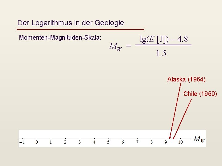 Der Logarithmus in der Geologie Momenten-Magnituden-Skala: MW = lg(E [J]) – 4. 8 1.