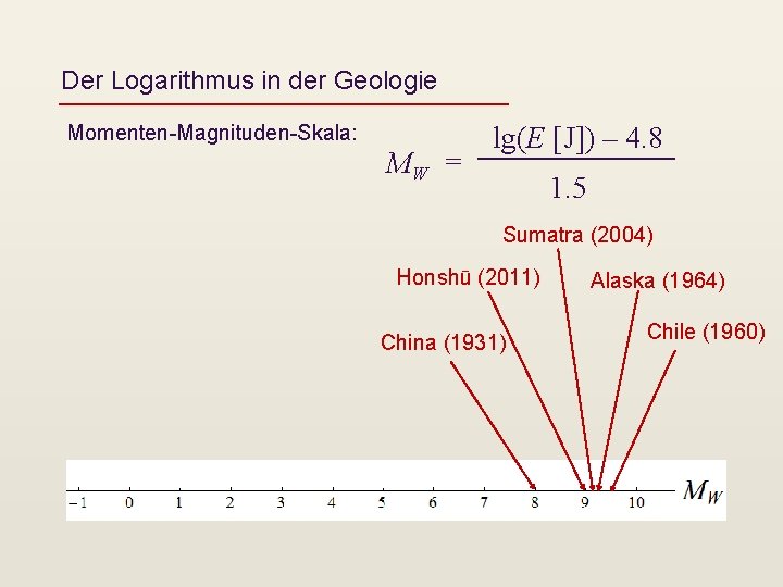 Der Logarithmus in der Geologie Momenten-Magnituden-Skala: MW = lg(E [J]) – 4. 8 1.