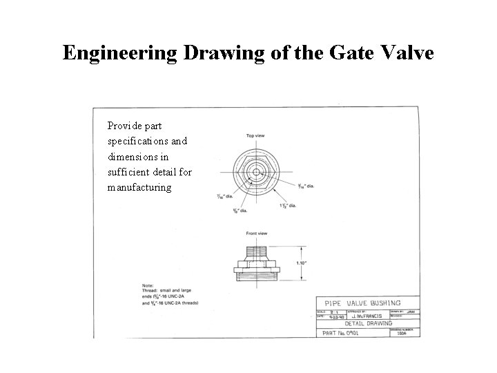 Engineering Drawing of the Gate Valve Provide part specifications and dimensions in sufficient detail