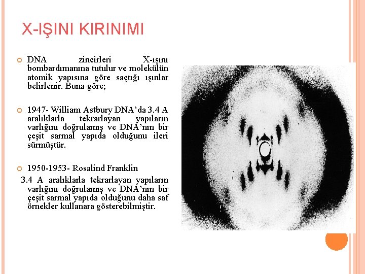 X-IŞINI KIRINIMI DNA zincirleri X-ışını bombardımanına tutulur ve molekülün atomik yapısına göre saçtığı ışınlar