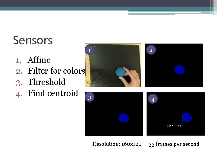 Sensors 1. 2. 3. 4. Affine Filter for colors Threshold Find centroid 1 2