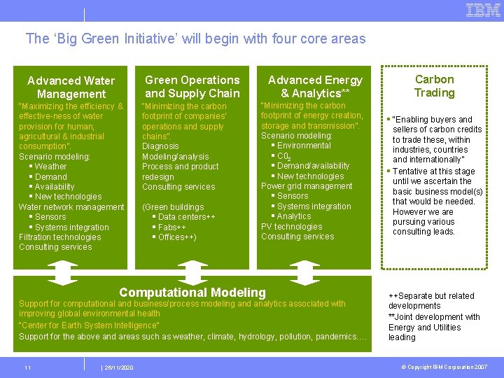 The ‘Big Green Initiative’ will begin with four core areas Advanced Energy & Analytics**