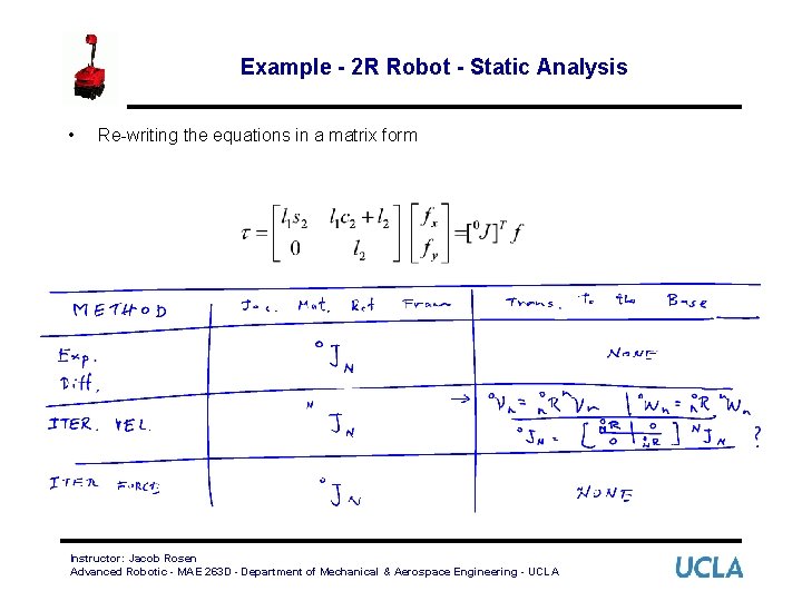 Example - 2 R Robot - Static Analysis • Re-writing the equations in a