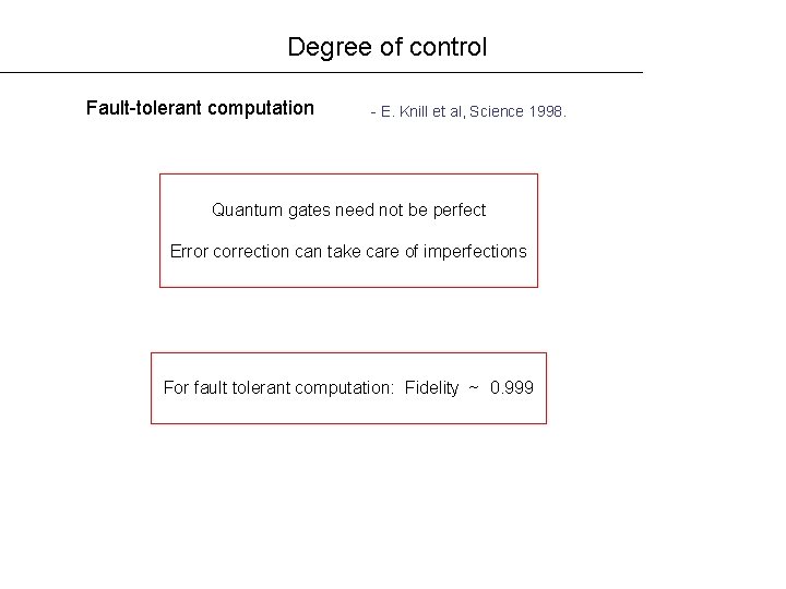Degree of control Fault-tolerant computation - E. Knill et al, Science 1998. Quantum gates