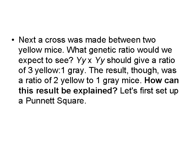 • Next a cross was made between two yellow mice. What genetic ratio