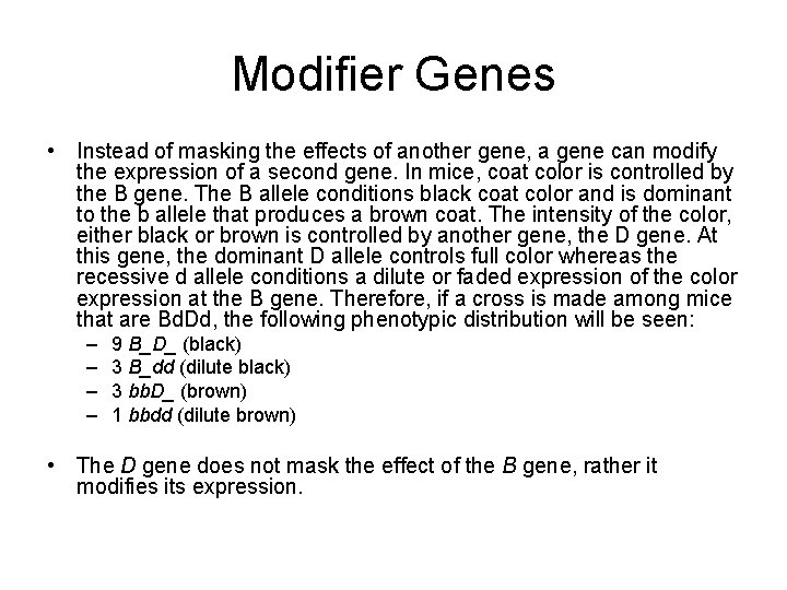 Modifier Genes • Instead of masking the effects of another gene, a gene can