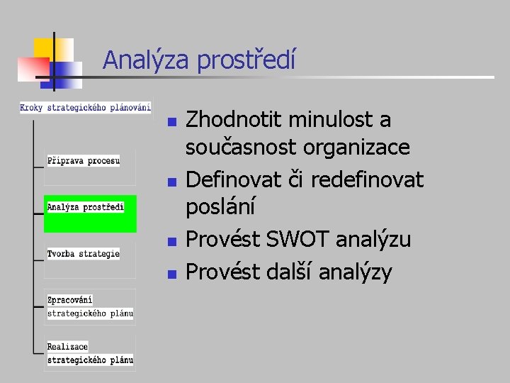 Analýza prostředí n n Zhodnotit minulost a současnost organizace Definovat či redefinovat poslání Provést