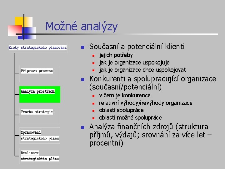 Možné analýzy n Současní a potenciální klienti n n Konkurenti a spolupracující organizace (současní/potenciální)