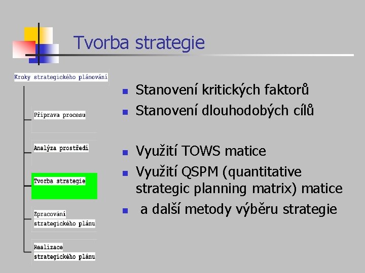 Tvorba strategie n n n Stanovení kritických faktorů Stanovení dlouhodobých cílů Využití TOWS matice