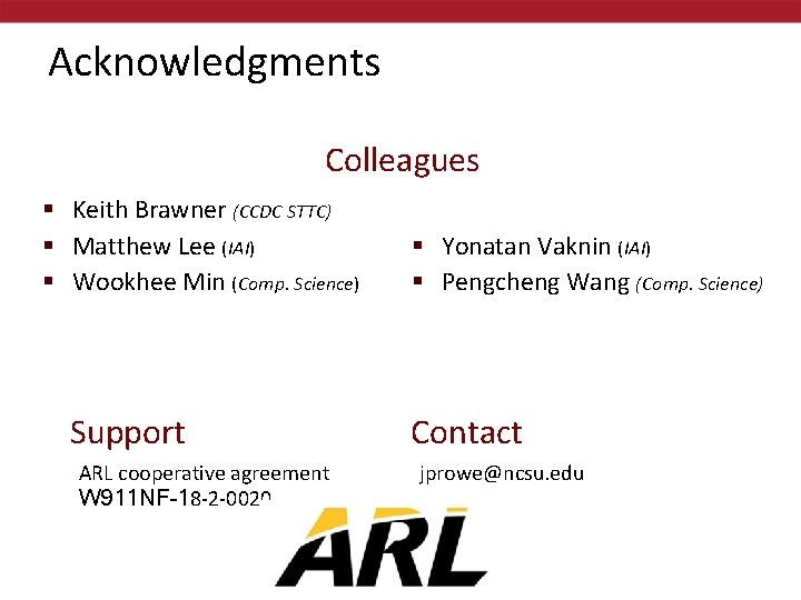 Acknowledgments Colleagues § Keith Brawner (CCDC STTC) § Matthew Lee (IAI) § Wookhee Min
