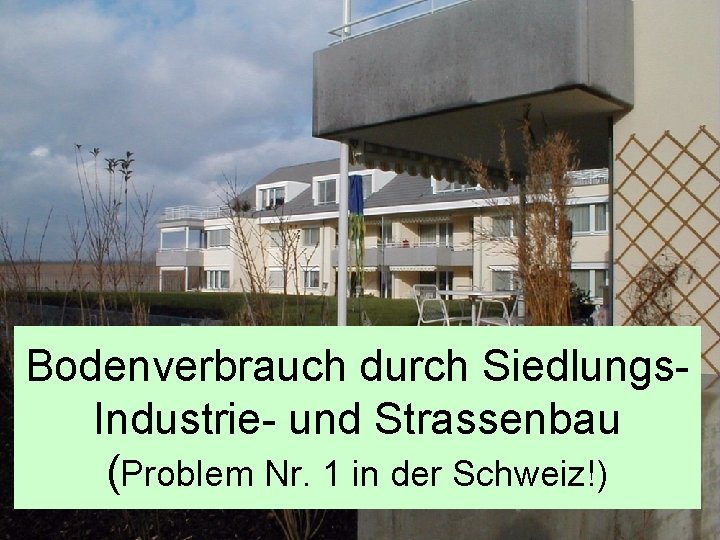 Bodenverbrauch durch Siedlungs. Industrie- und Strassenbau (Problem Nr. 1 in der Schweiz!) 