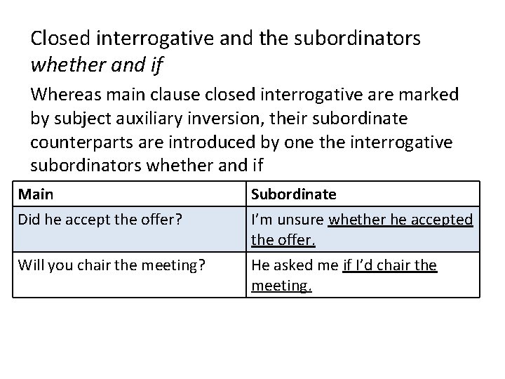 Closed interrogative and the subordinators whether and if Whereas main clause closed interrogative are