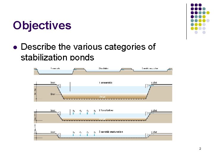 Objectives l Describe the various categories of stabilization ponds 2 