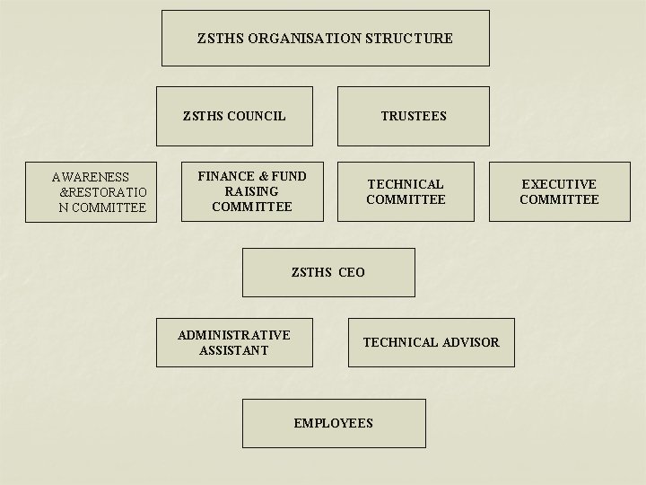 ZSTHS ORGANISATION STRUCTURE ZSTHS COUNCIL AWARENESS &RESTORATIO N COMMITTEE TRUSTEES FINANCE & FUND RAISING