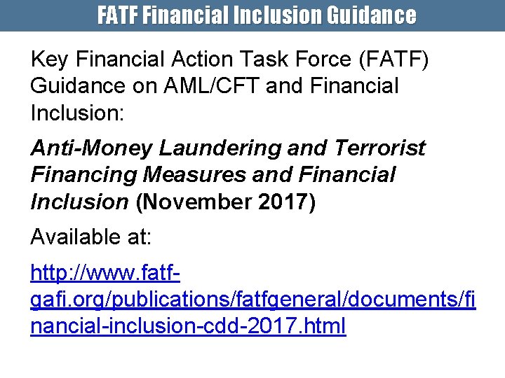 FATF Financial Inclusion Guidance Key Financial Action Task Force (FATF) Guidance on AML/CFT and
