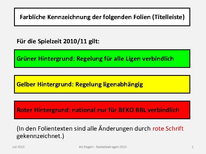 Farbliche Kennzeichnung der folgenden Folien (Titelleiste) Für die Spielzeit 2010/11 gilt: Grüner Hintergrund: Regelung