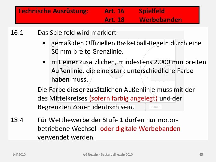 Technische Ausrüstung: Art. 16 Spielfeld Art. 18 Werbebanden 16. 1 Das Spielfeld wird markiert