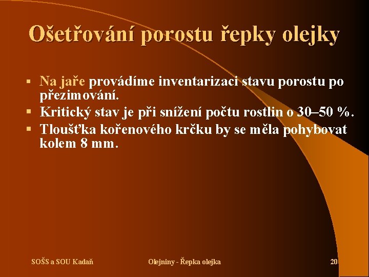 Ošetřování porostu řepky olejky Na jaře provádíme inventarizaci stavu porostu po přezimování. § Kritický