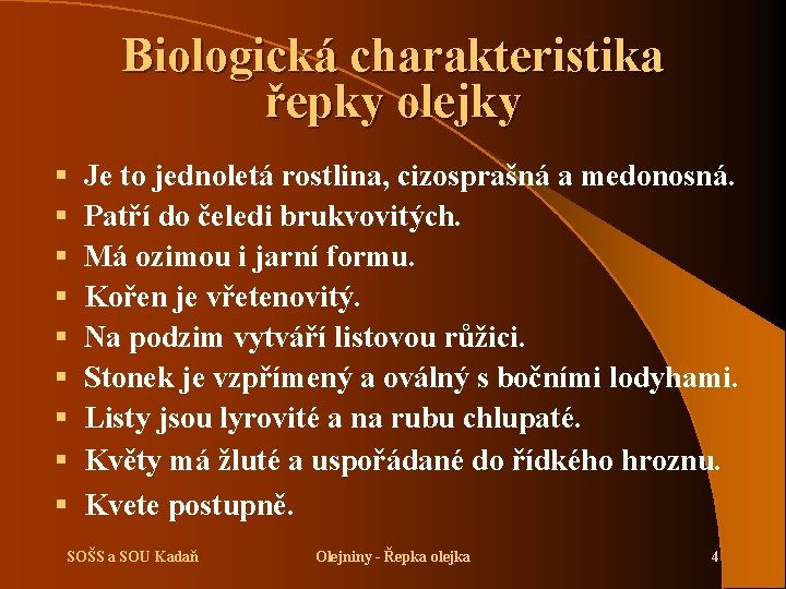 Biologická charakteristika řepky olejky § § § § § Je to jednoletá rostlina, cizosprašná