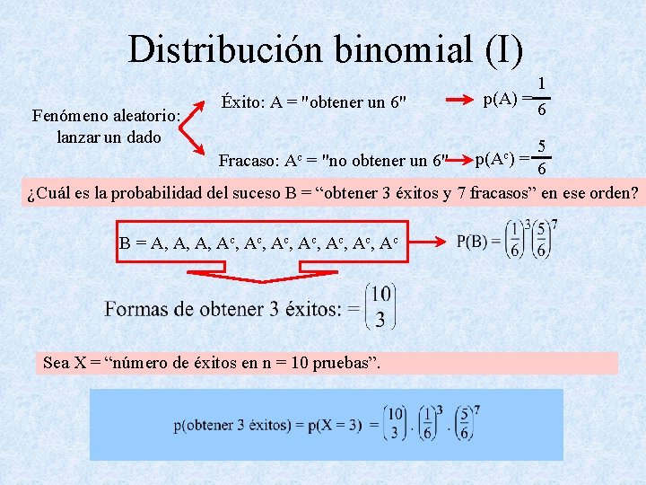 Distribución binomial (I) Fenómeno aleatorio: lanzar un dado Éxito: A = "obtener un 6"