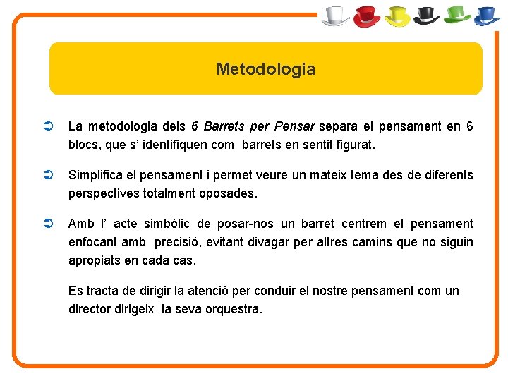 Metodologia Ü La metodologia dels 6 Barrets per Pensar separa el pensament en 6