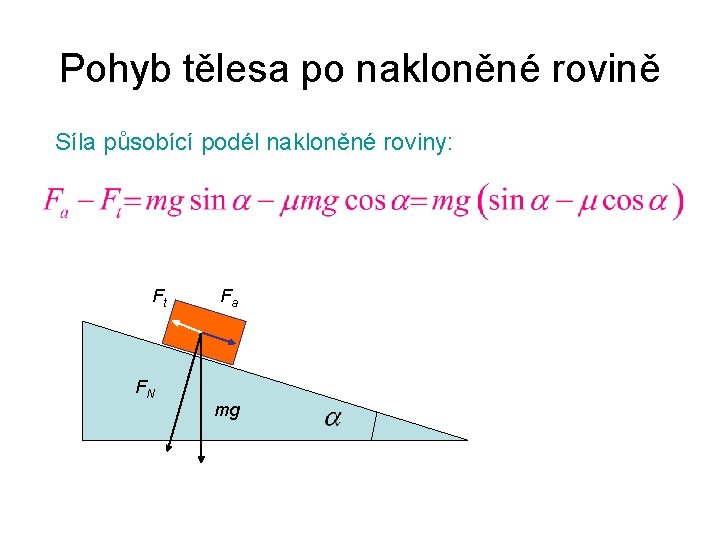 Pohyb tělesa po nakloněné rovině Síla působící podél nakloněné roviny: Ft FN Fa mg