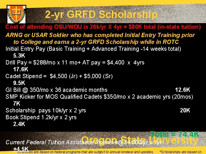 2 -yr GRFD Scholarship Cost of attending OSU/WOU is 20 k/yr X 4 yr