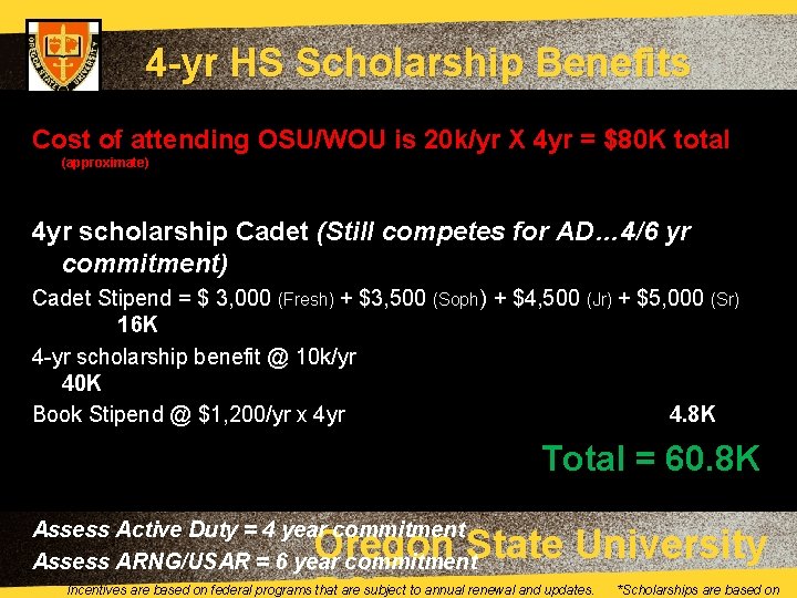 4 -yr HS Scholarship Benefits Cost of attending OSU/WOU is 20 k/yr X 4