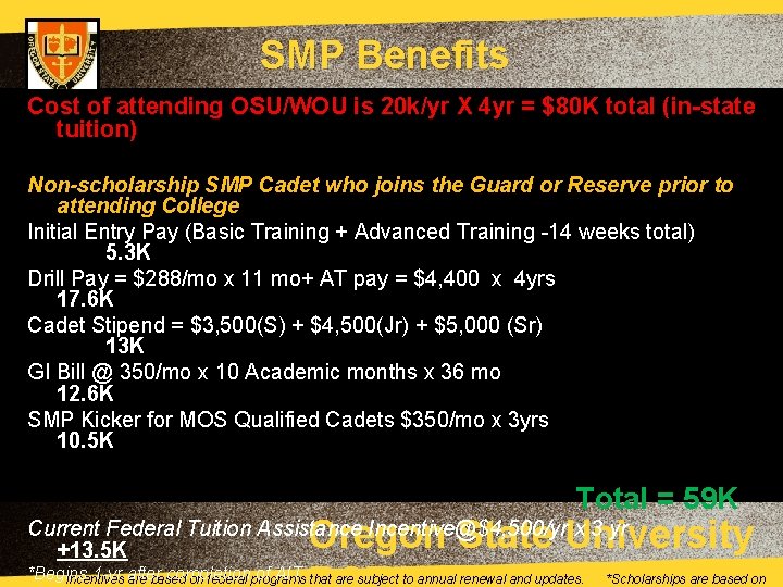 SMP Benefits Cost of attending OSU/WOU is 20 k/yr X 4 yr = $80
