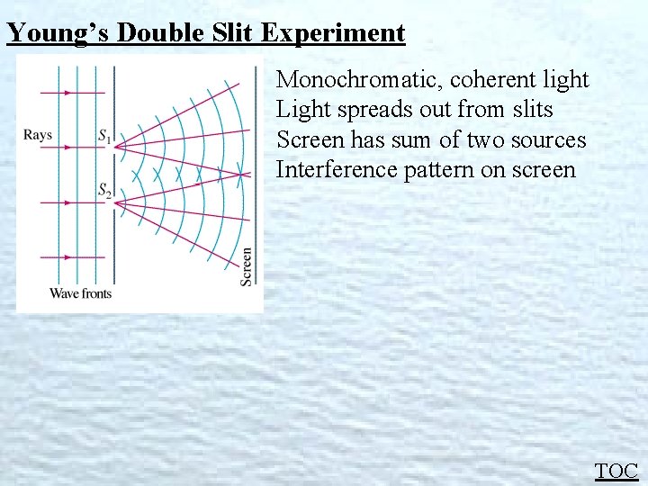 Young’s Double Slit Experiment Monochromatic, coherent light Light spreads out from slits Screen has