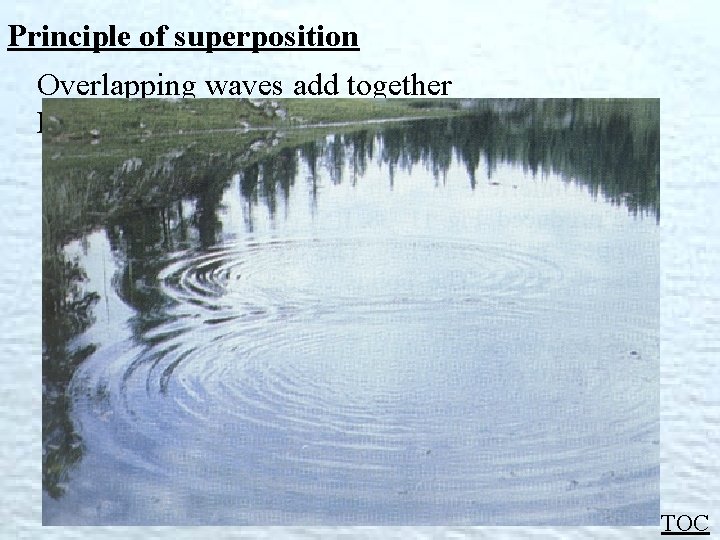 Principle of superposition Overlapping waves add together Examples: People talking at the same time