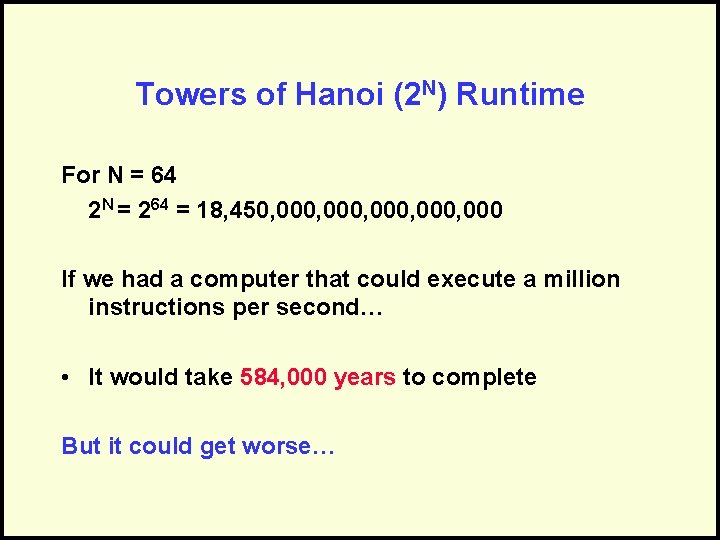 Towers of Hanoi (2 N) Runtime For N = 64 2 N = 264