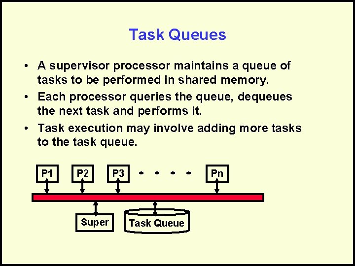 Task Queues • A supervisor processor maintains a queue of tasks to be performed