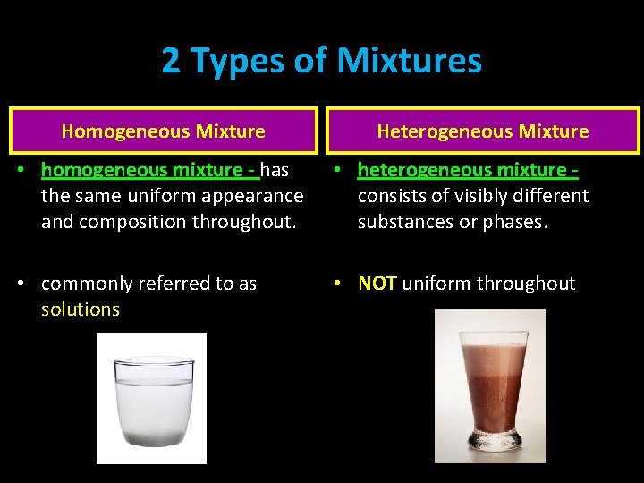 2 Types of Mixtures Homogeneous Mixture Heterogeneous Mixture • homogeneous mixture - has the