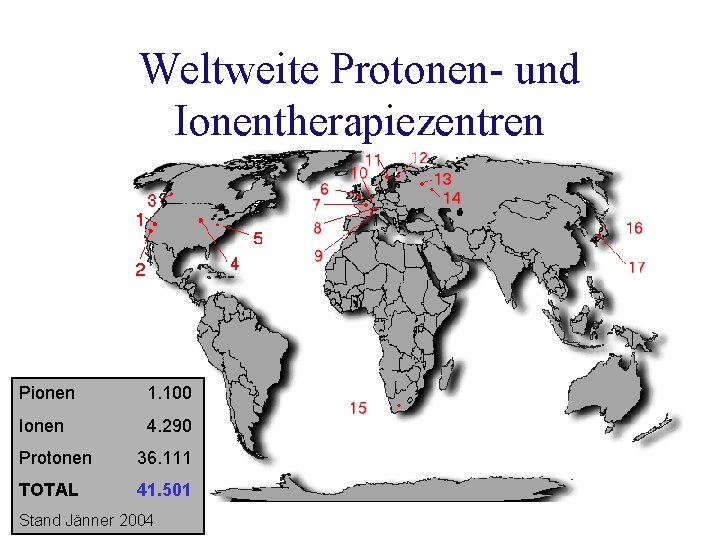 Weltweite Protonen- und Ionentherapiezentren Pionen 1. 100 Ionen 4. 290 Protonen 36. 111 TOTAL